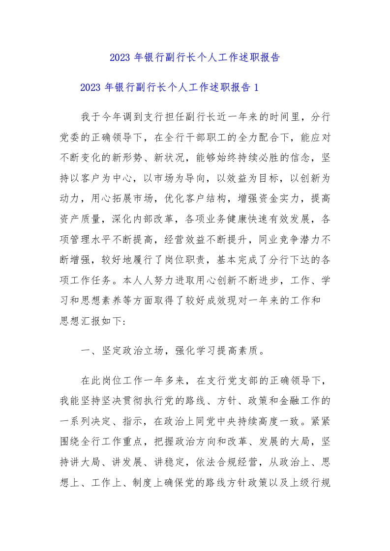 2023年银行副行长个人工作述职报告