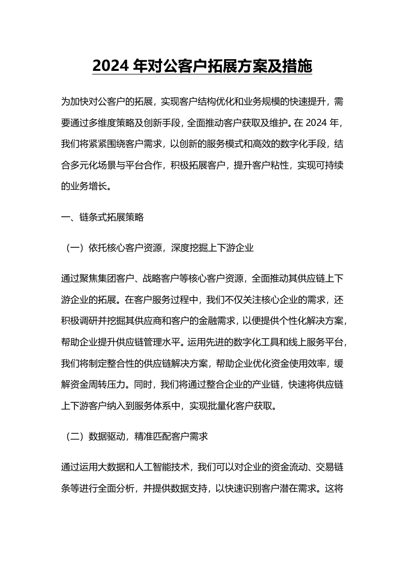 2024年对公客户拓展方案及措施-国企公文写作材料范文