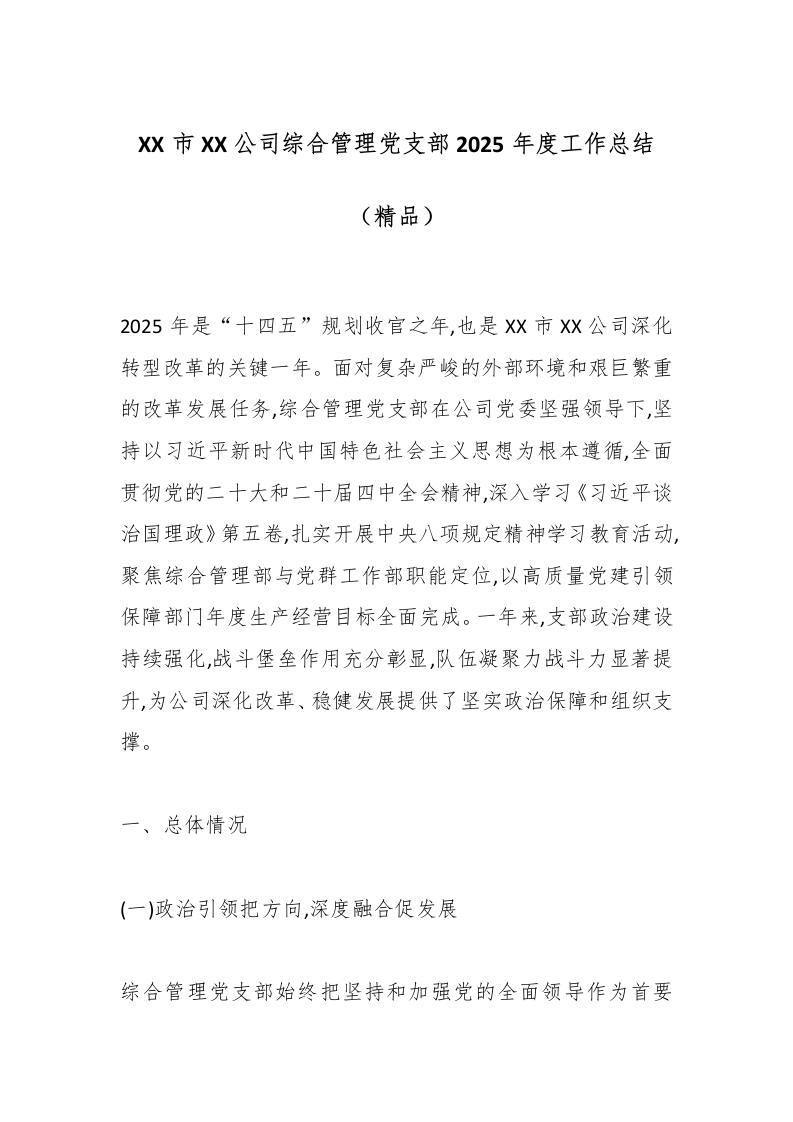 XX市XX公司综合管理党支部2025年度工作总结（精品）-国企公文写作材料范文