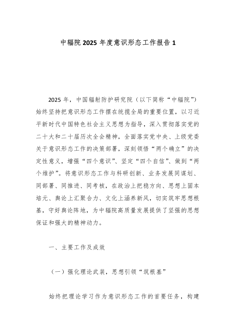 中辐院2025年度意识形态工作报告1-国企公文写作材料范文