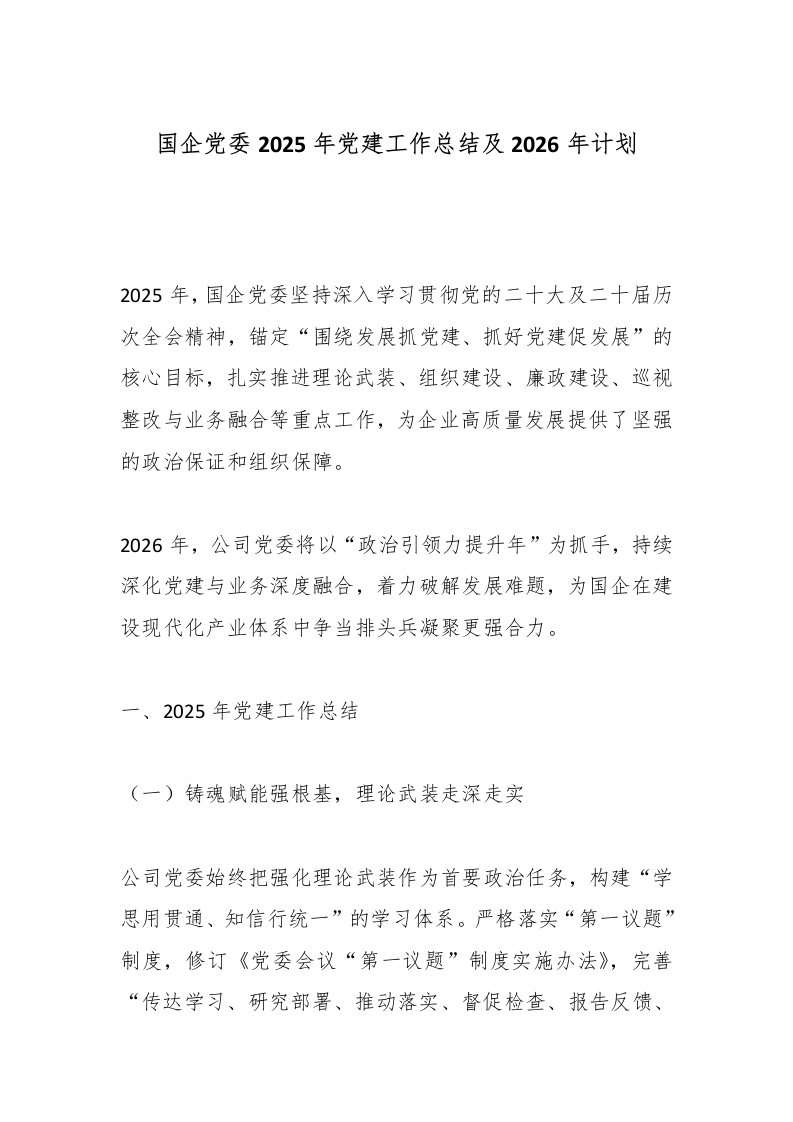 国企党委2025年党建工作总结及2026年计划-国企公文写作材料范文