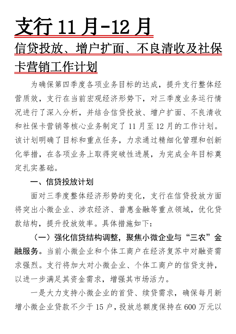 支行11月-12月信贷投放、增户扩面、不良清收及社保卡营销工作计划-国企公文写作材料范文
